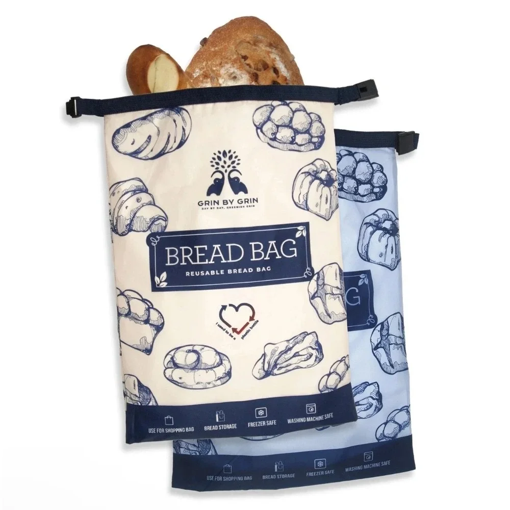 Grin by Grin Reusable Bread Bag 2 Pack Recycled Fabric Food Storage Blue Cream